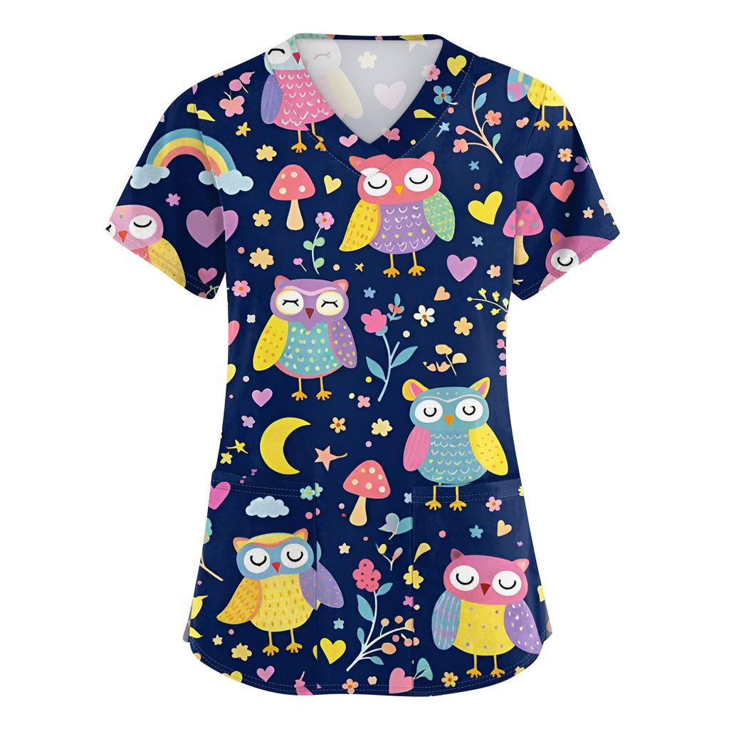 Women's Casual Short-Sleeve Cute Animal Print V-Neck Pocket Workwear Top