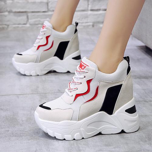 

Мода 2024 года, женская обувь на высокой платформе, дышащая обувь из искусственной кожи, женская обувь для увеличения роста, кроссовки на толстой танкетке 9 см, женские кроссовки 36 чёрный