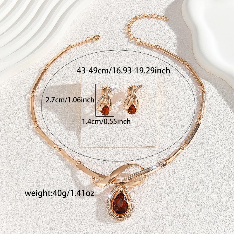 Gold-plated Necklace and Earring Set with White Rhinestones and Brown Crystals