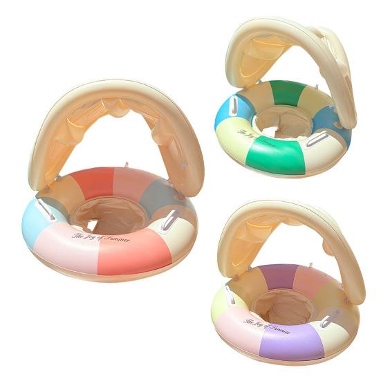 Baby Pool Float with Canopy Vintage Striped Inflatable Swim Ring with Safety Seat