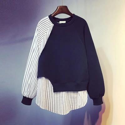 Nieuwe Herfst Winter Color-blocking Fake Tweedelig Ronde Lange Mouw Sweatshirt Los Gestreept Splicing Jas Dames
