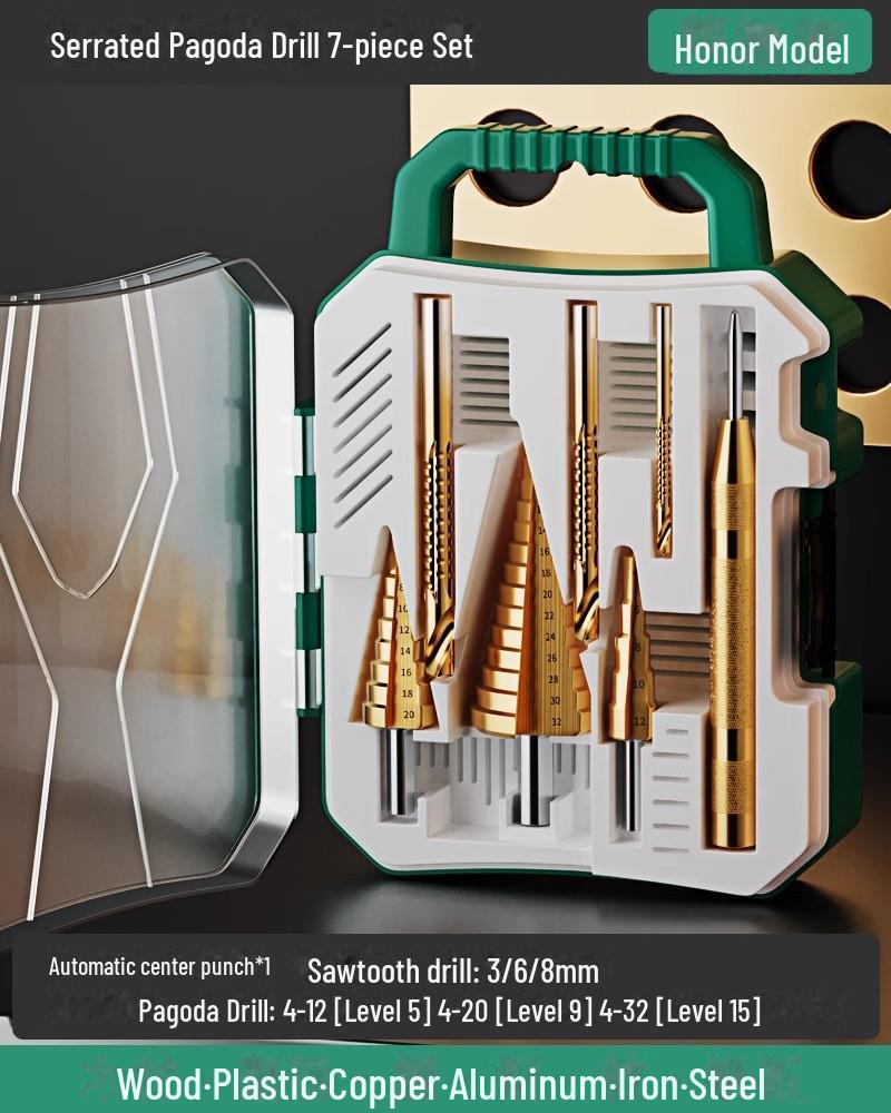 Green Forest Sawtooth Pagoda Drill Bit Set for Wood & Metal