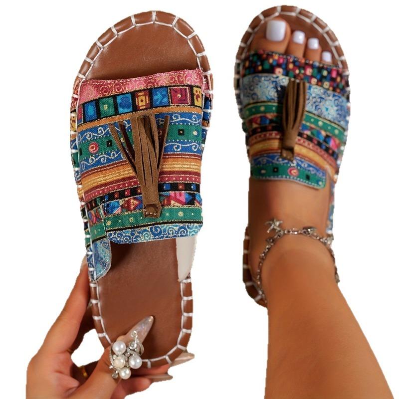 Böhmische flache Hausschuhe für Damen, für den Außenbereich, europäische und amerikanische Fransen-Slipper für Damen, Strandsandalen