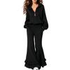 2026 Amazon popular women's clothing casual hooded half-zipper sweater set ruffle edge flared pants two-piece set women