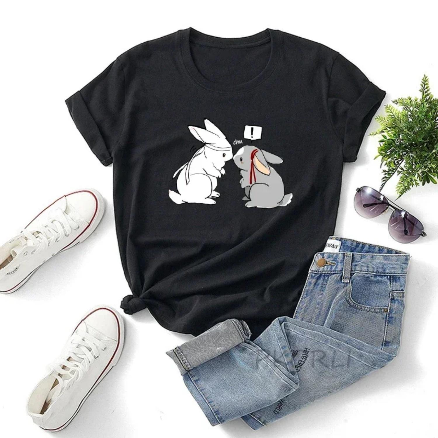 Wangxian Mo Dao Zu Shi T Shirts Women Cute Cartoon The Kissing Bunnies Tee Shirt Anime Harajuku Female Clothing S чёрный
