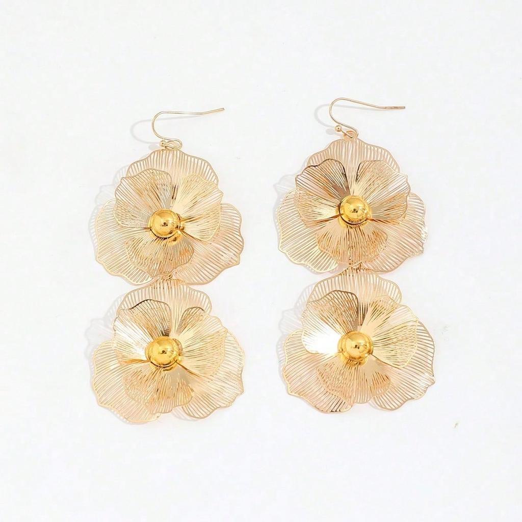 1 Paar modische doppelreihige florale Hängeohrringe mit übertriebenem Design, lange florale Ohrringe für Damen, geeignet für den täglichen Gebrauch