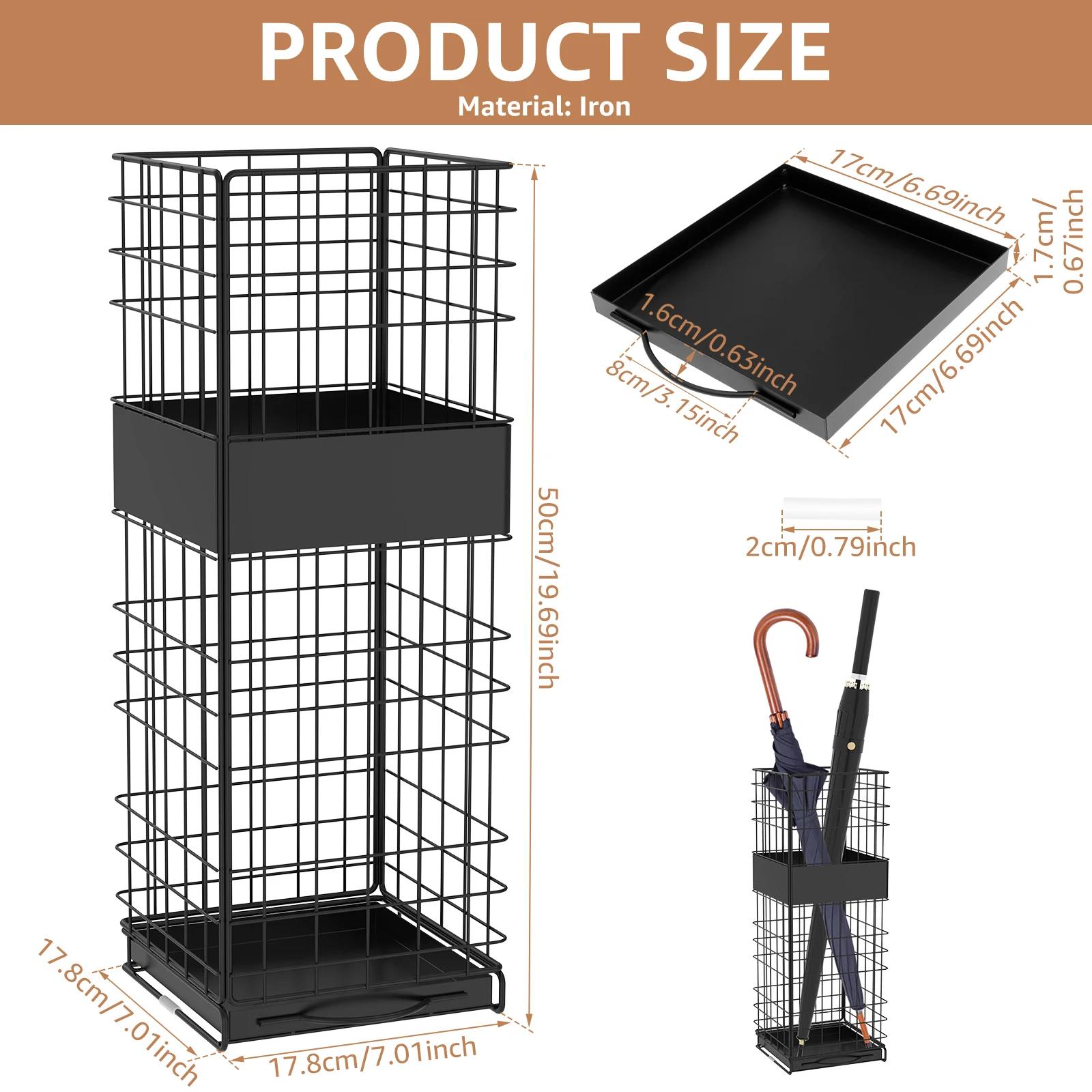 Umbrella Storage Stand Square Metal Hollow Umbrella Holder with Detachable Tray Umbrella Drain Rack for Entryway Home Office