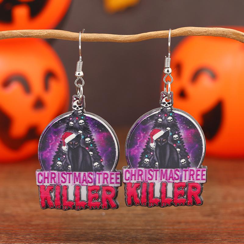 Exaggerated Skull & Black Cat Halloween Earrings - Double-Sided Acrylic, Dark Tree & Letter Design