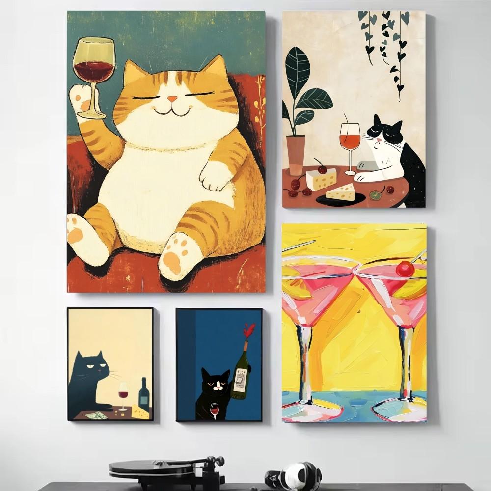 1ks Moderní Kočka Pije Víno Vtipné Zvíře Rostlina Plakát HD Plakáty Domácí Pokoj Bar Kavárna Dekorace Umění Nástěnná Malba Obrázek