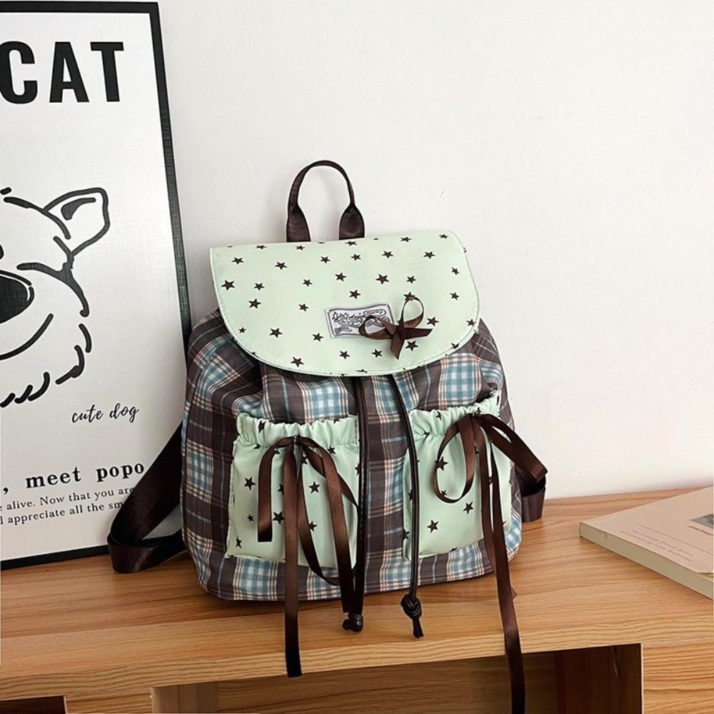 Sweet Bow Double Shoulder Bag Plaid Pattern Contrast Color Student Schoolbags Grid Pattern Star Print Mint Green Small Backpack