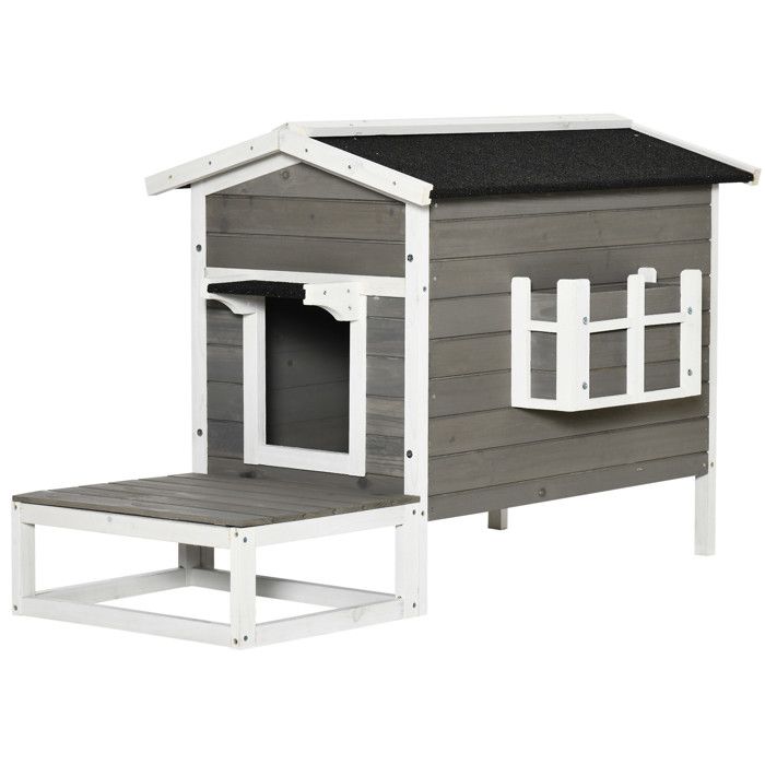 Cat and Dog Niche with Terrace and Balcony, Bitumen Roof, Grey and White Wood - UVRION 115 × 66.5 × 74.7 cm