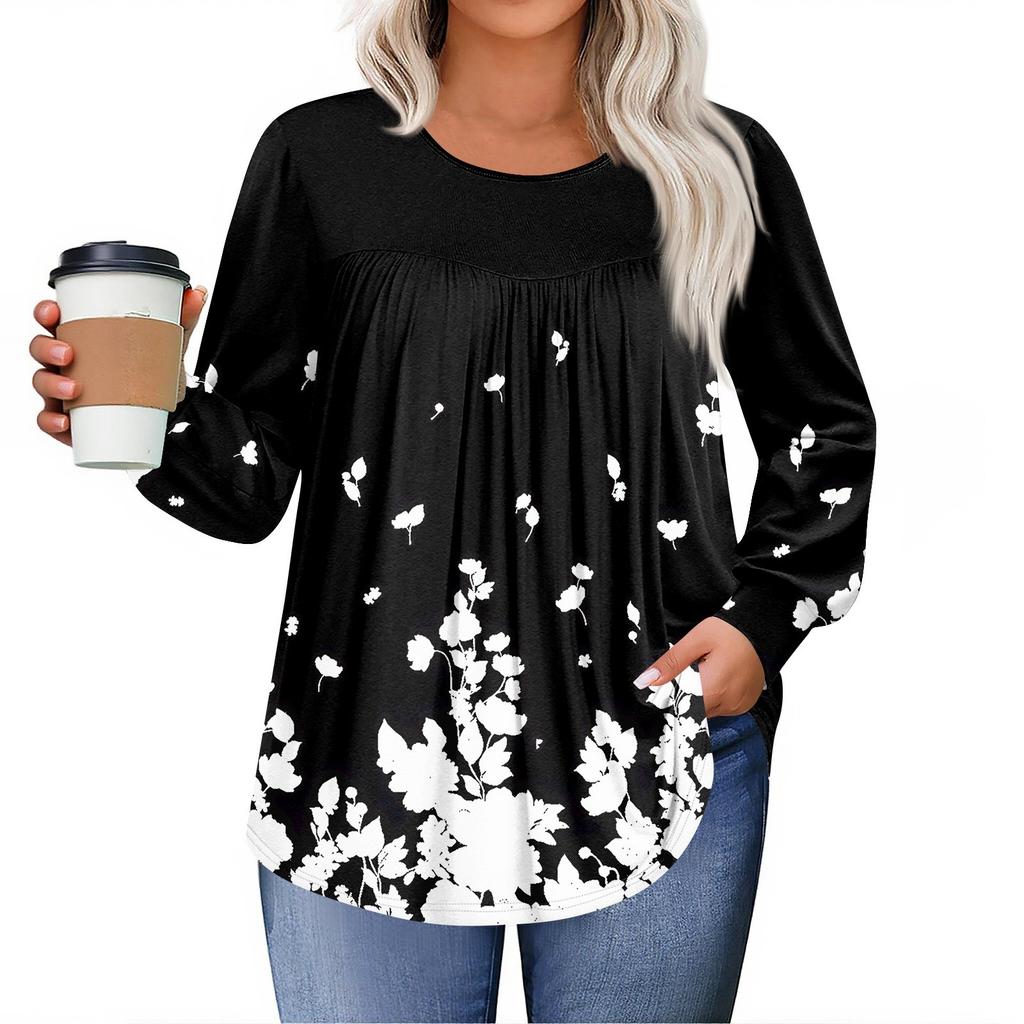Dámské topy plus size košile s dlouhým rukávem kulatý výstřih splývavá tunika ležérní volná halenka L-5X