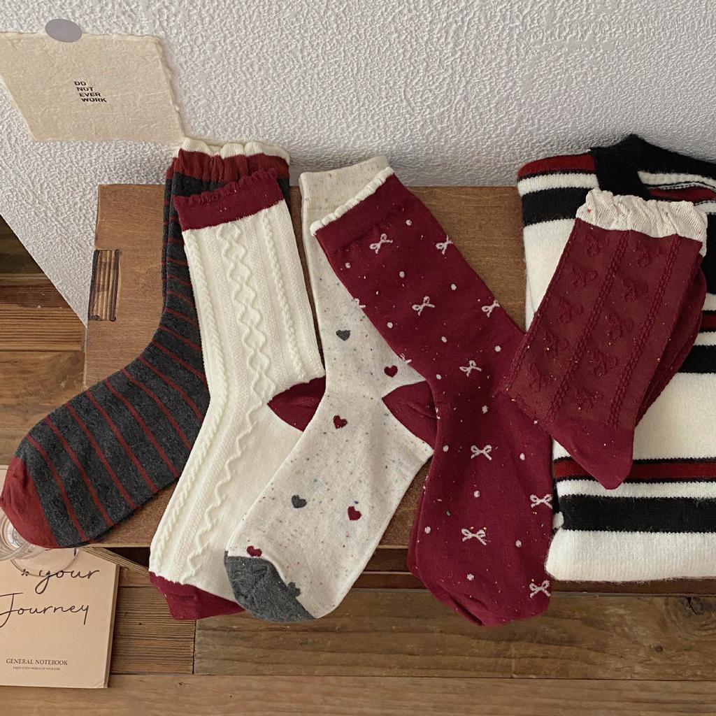 Berry Red Series'New Socks Rhombus Bow Medium Tube Socks Polka Dot Stacking Socks