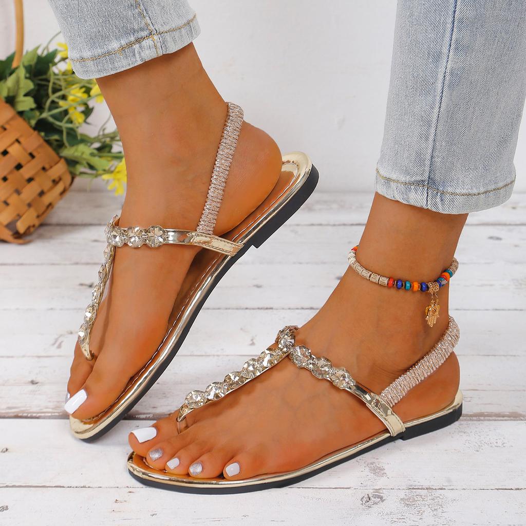 Fashion 2025 Summer New Outfit T-shaped Diamond Sandals Women's Flat Toe Sandals Pearl PVC Sandals Comfortable and Versatile