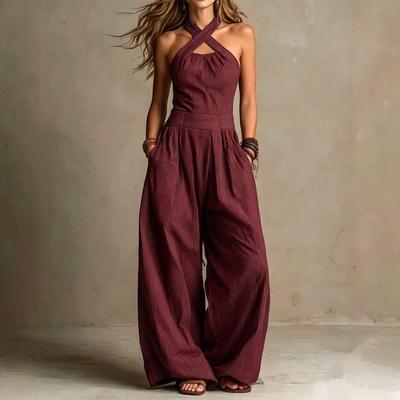 Women's Halter Sleeveless High Waist Loose Wide Leg Jumpsuit Solid Striped Casual Long Pant Romper For Vacation Daily Wear
