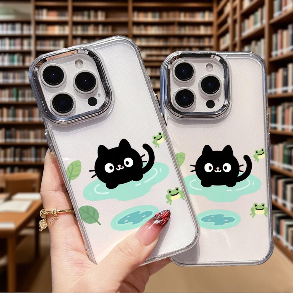 Black Cat In Puddle with Frogs Transparent Phone Case for IPhone 14 15 16 13 12 11 Pro Max 12 XS Max Anti-Scratch Soft Cover