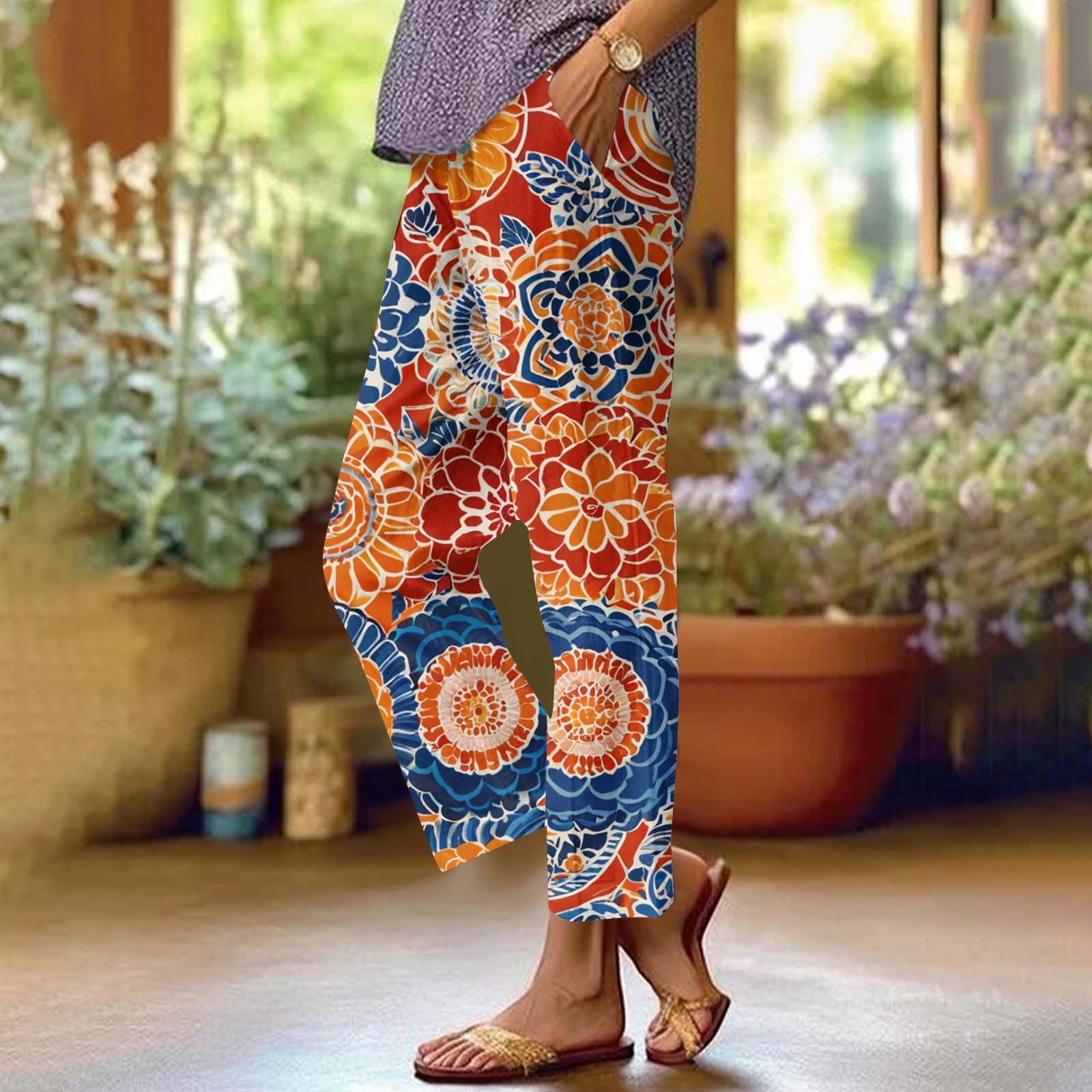 

Женские повседневные модные брюки прямого кроя с цветочным принтом и карманами XL шафрановый