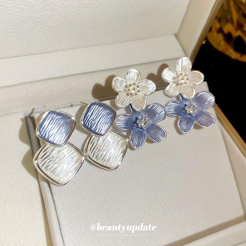 Silver Needle Blue Oil Dripping Flower Stud Earrings Elegant and Cool Earrings Light Luxury High-end Earrings Design Sense Niche Women
