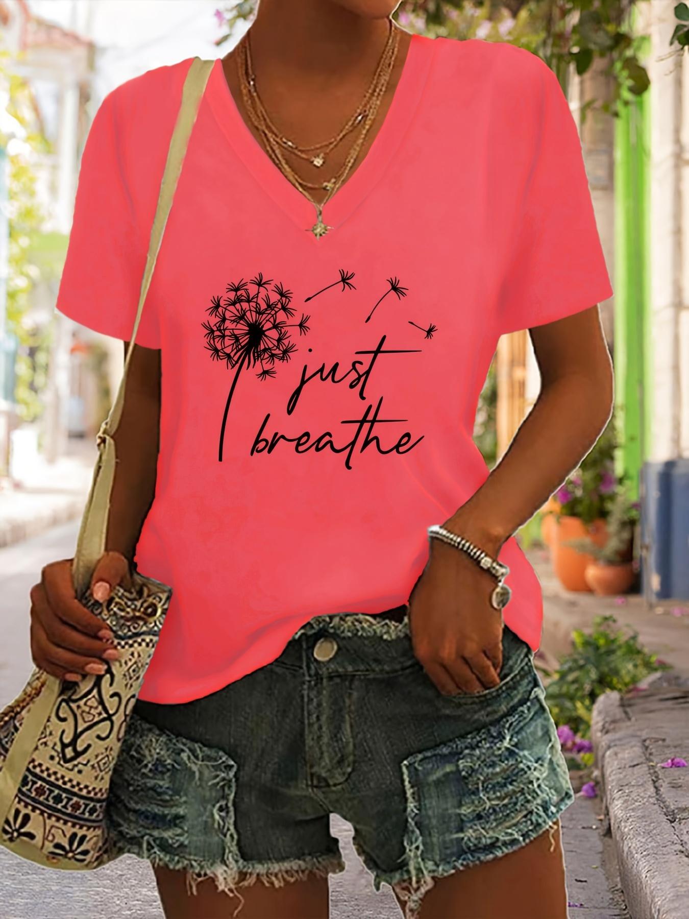 Dandelion Print T-Shirt. V Neck Short Sleeve Summer Casual S дубильная кора