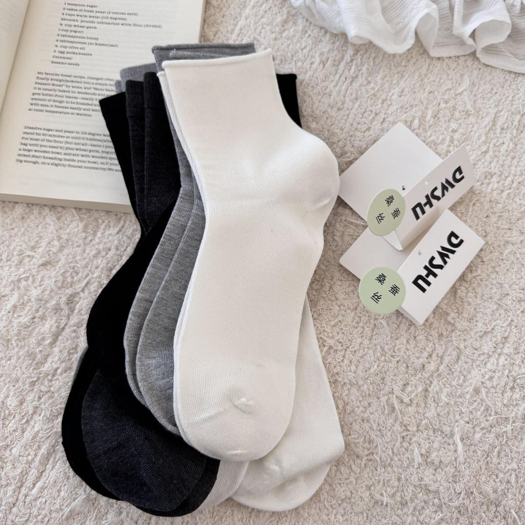 Mulberry Silk Breathable And Boneless Solid Color Simple Mid-Leg Socks Breathable And Sweat-Absorbing Thin Curled Women