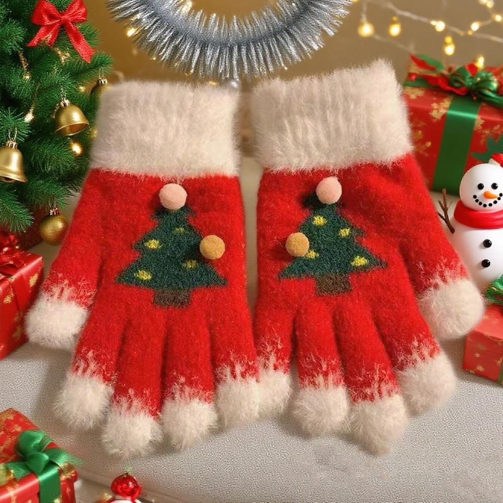 Elastische Kinder Winterhandschuhe Warme Plüsch Fünffingerhandschuhe Stilvolle Weihnachtsbaumhandschuhe Frauen