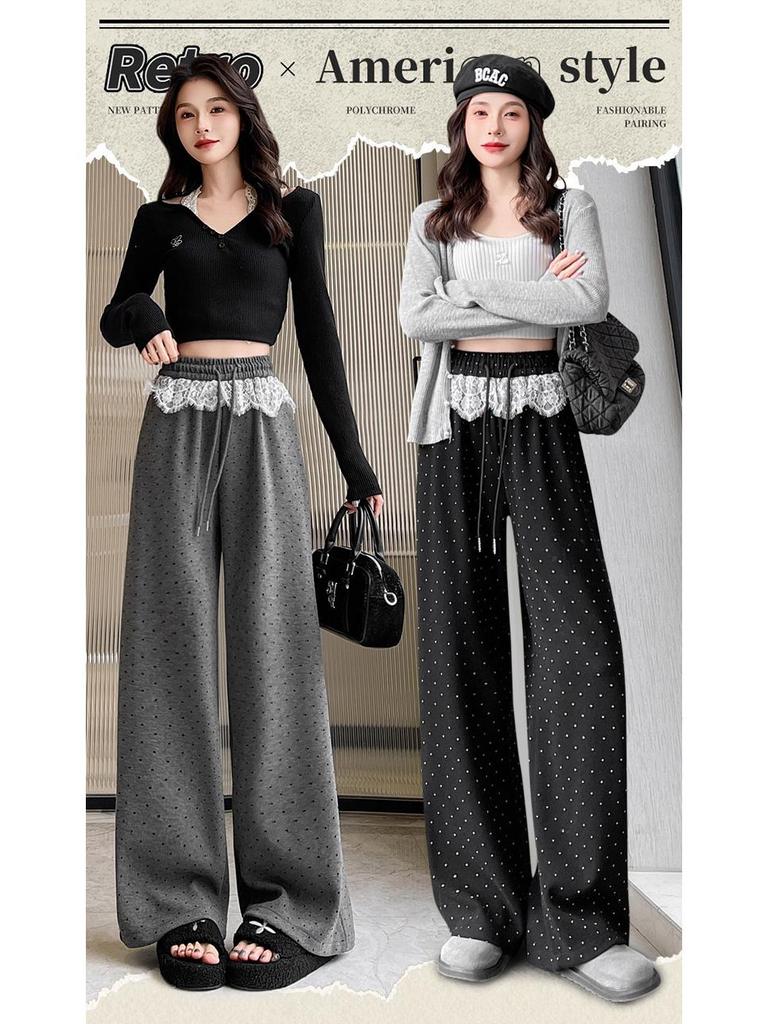Women's High-Waist Black Polka Dot Lace Trim Wide-Leg Sporty Pants for Spring