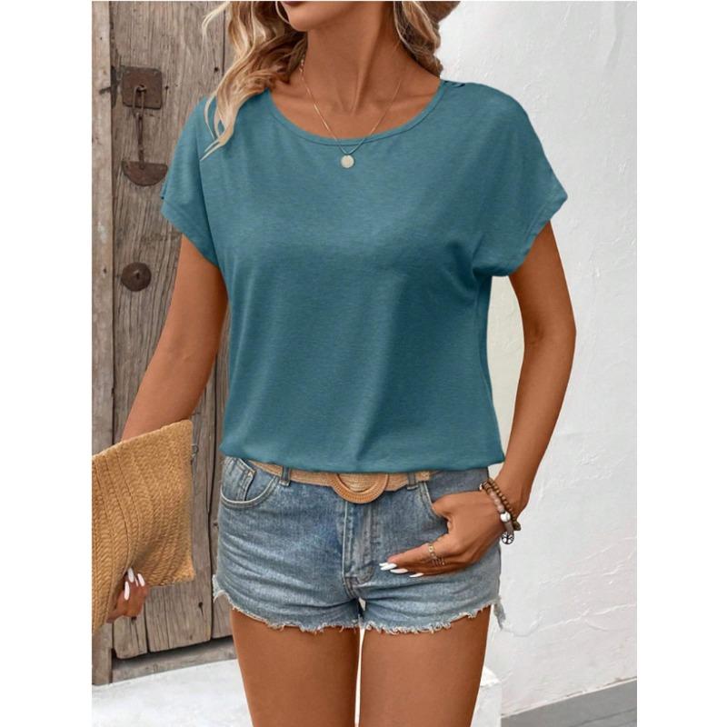 Summer Back Lace Splicing Short Sleeved T-shirt O Neck Loose Office Blouse Women Sweet Hollow Out Solid Color Tops Female Elegant Simple Shirts