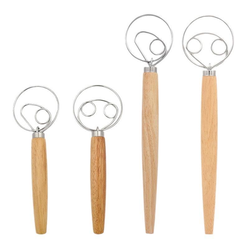 Danish Wooden-Handled Single Coil Dough Mixer: Manual Handheld Baking Tool for Flour Blending
