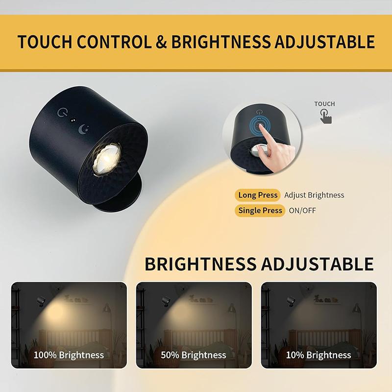 Lampe murale à LED avec télécommande tactile, rotative à 360 °, rechargeable par USB, sans fil, portable, veilleuse pour chambre à coucher, lampe de lecture