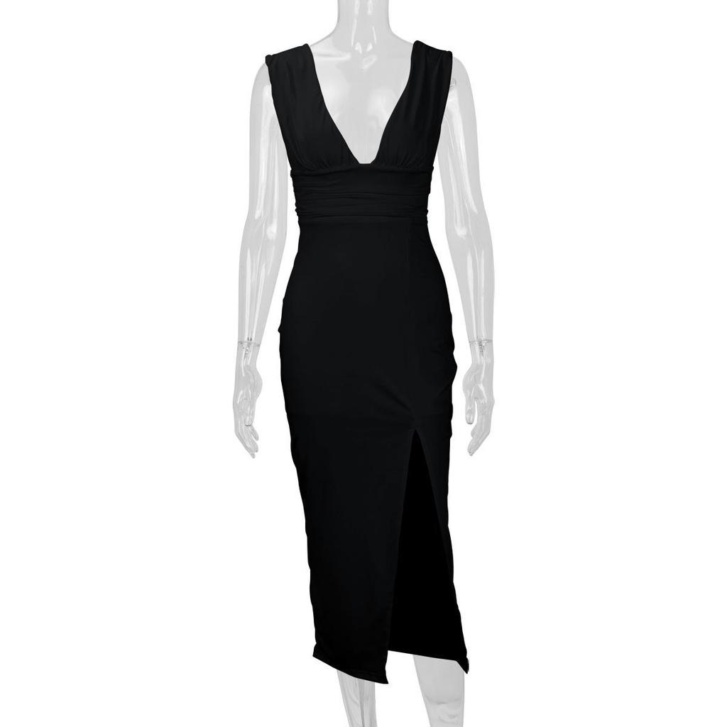 2025 Women's Summer Deep V-neck Backless Slit Dress: European & American Fashion