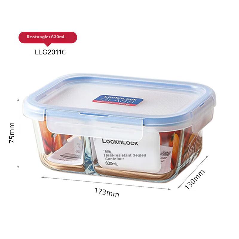 LOCK&LOCK Glass Food Container, Microwave-Safe Fruit Storage Box, Lunch Box with 2 Compartments LLG2011C_630ml, JINGDONG Customized