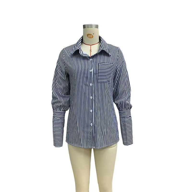 

Fashion Style New Arrival Women s Stylish Temperament Long Sleeves Stripes Shirt Long Sleeved Striped Shirt Blue S