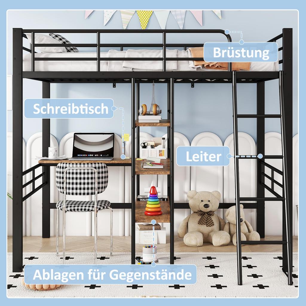 Kinderbett Hochbett 90x200 cm Funktionsbett Schreibtisch 3 Regale Etagenbett Bettrahmen Lattenrost ohne Matratze Kinder Erwachsene
