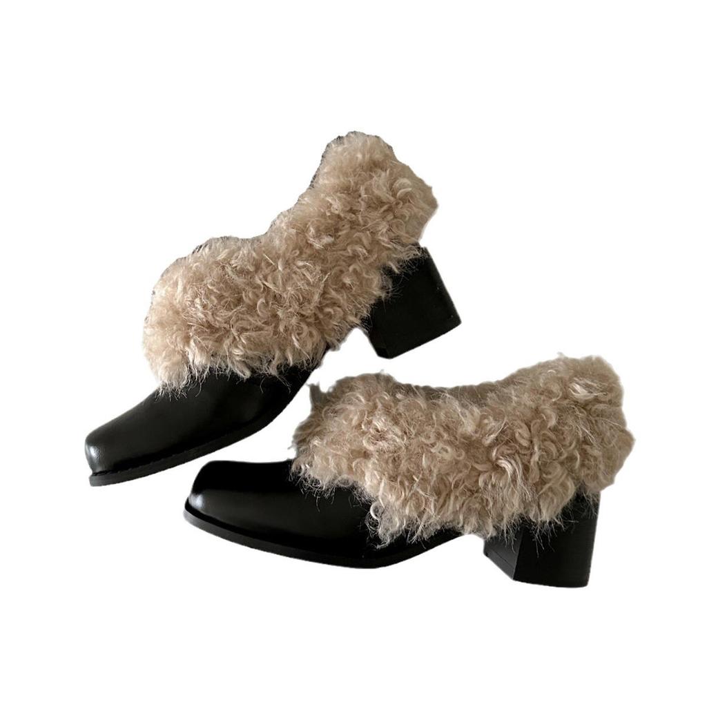 Retro Square Head Leather Single Shoes Women's One-pedal Velvet Warm Cotton Shoes Fluffy Temperament High-heeled Women's Shoes