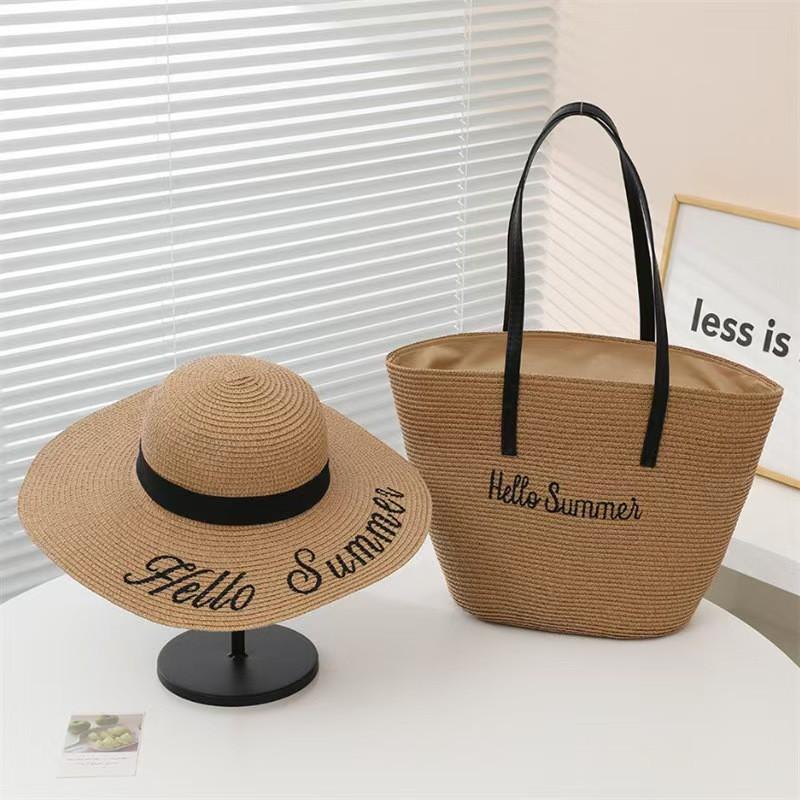 Large Straw Tote Bag Sun Hat Set Women Beach Vacation