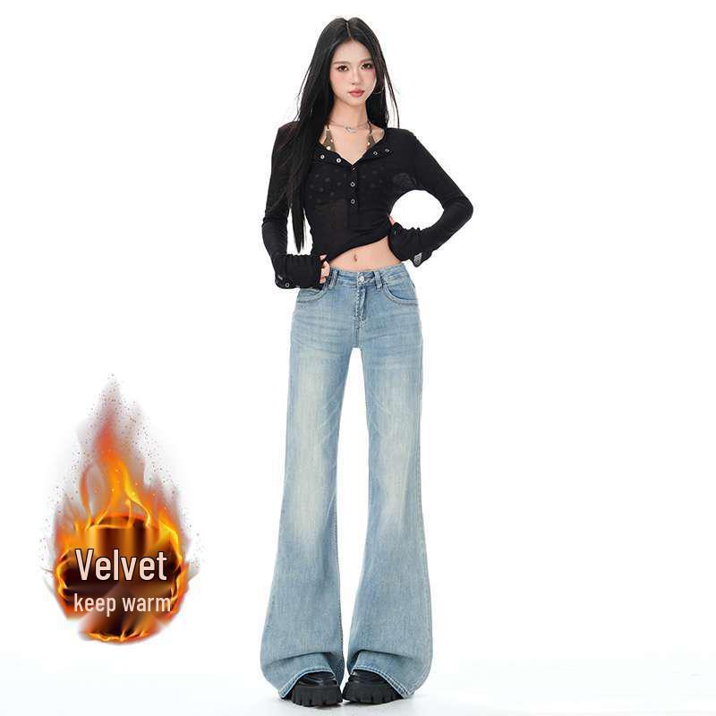 Women s Low-Waisted Fleece-Lined Micro-Flare Jeans - Slim-Fit, Nine-Point Length for Autumn and Winter. XS