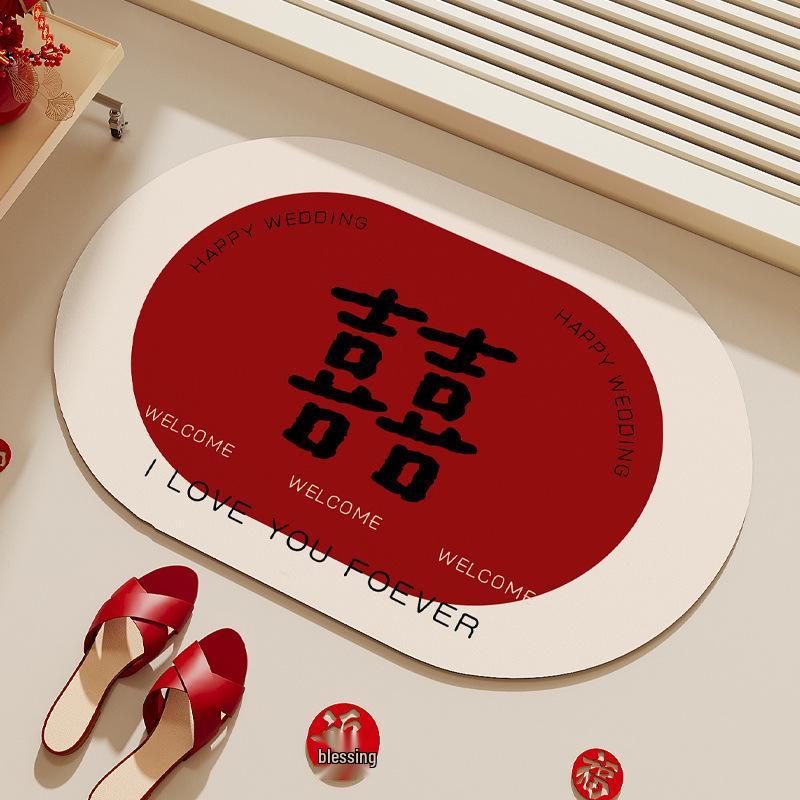 Festive Red Diatomaceous Earth Water-Absorbing Anti-Slip Oval Bathroom Mat