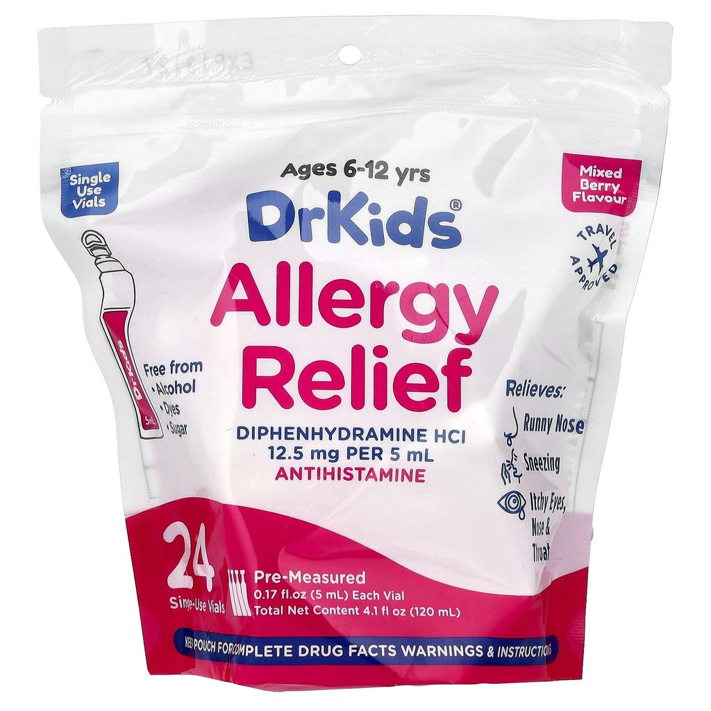 DrKids, Allergy Relief, Ages 6-12, Mixed Berry, 24 Single-Use Vials, 5 ml (0.17 fl oz) Each