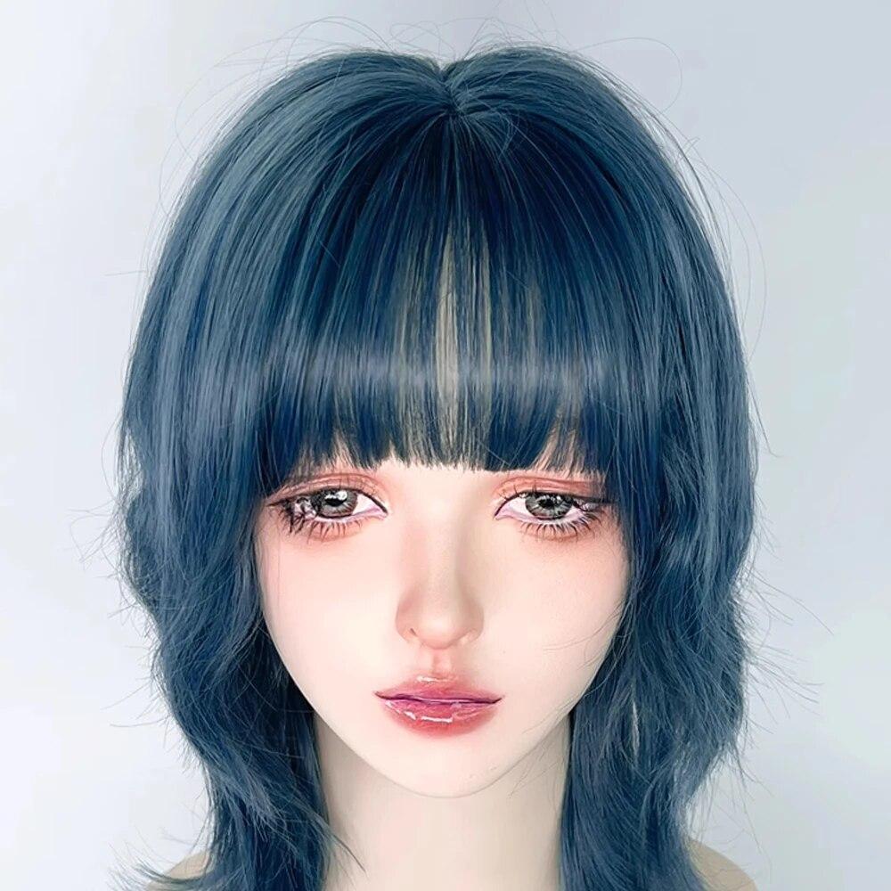 Blue Synthetic Mullet Head Wig with Bangs Short Straight Natural Anime Women Men Cosplay Hair Wig for Daily Party