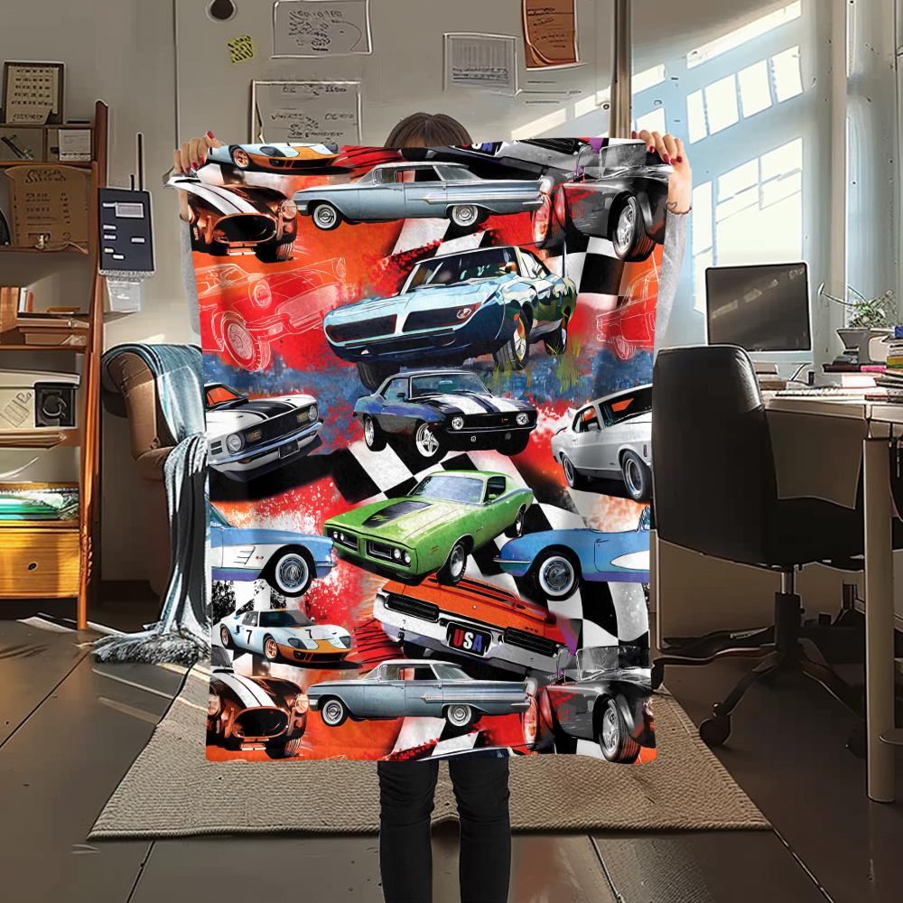 1Pc Vintage Car Print Flannel Blanket, High Quality Comfortable for All Seasons, Home Decor, Warmth and Comfort, Perfect for Christmas Gifts