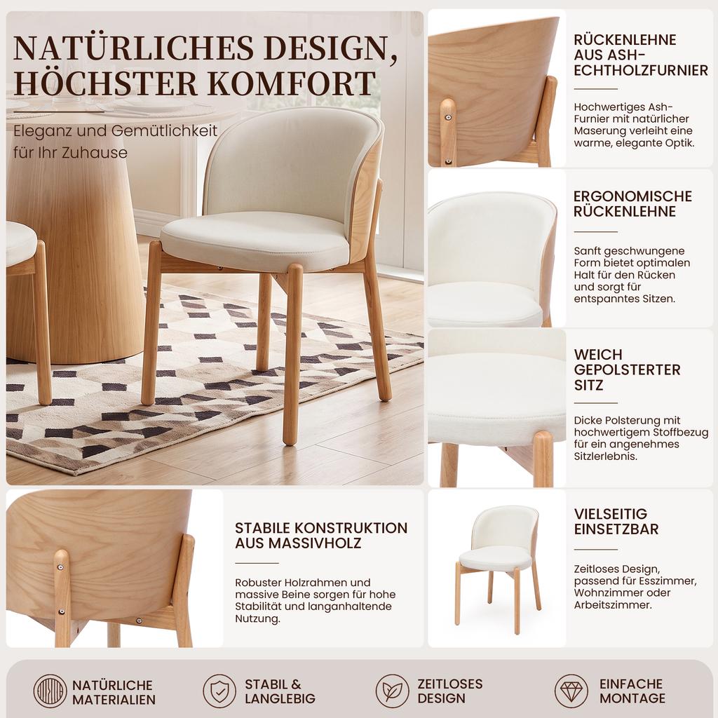 2 Dining Chairs made of Solid Wood, Comfortable and Breathable, Modern Style, Linen Fabric, Solid Ash Wood Veneer, Natural Wood Color