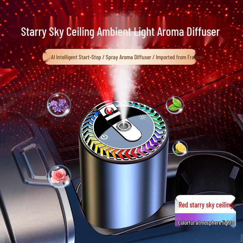 Starry Sky Car Air Vent Perfume Diffuser: Smart Automatic Aroma Sprayer with Long-lasting Fragrance and Ambient Ceiling Light Effect.