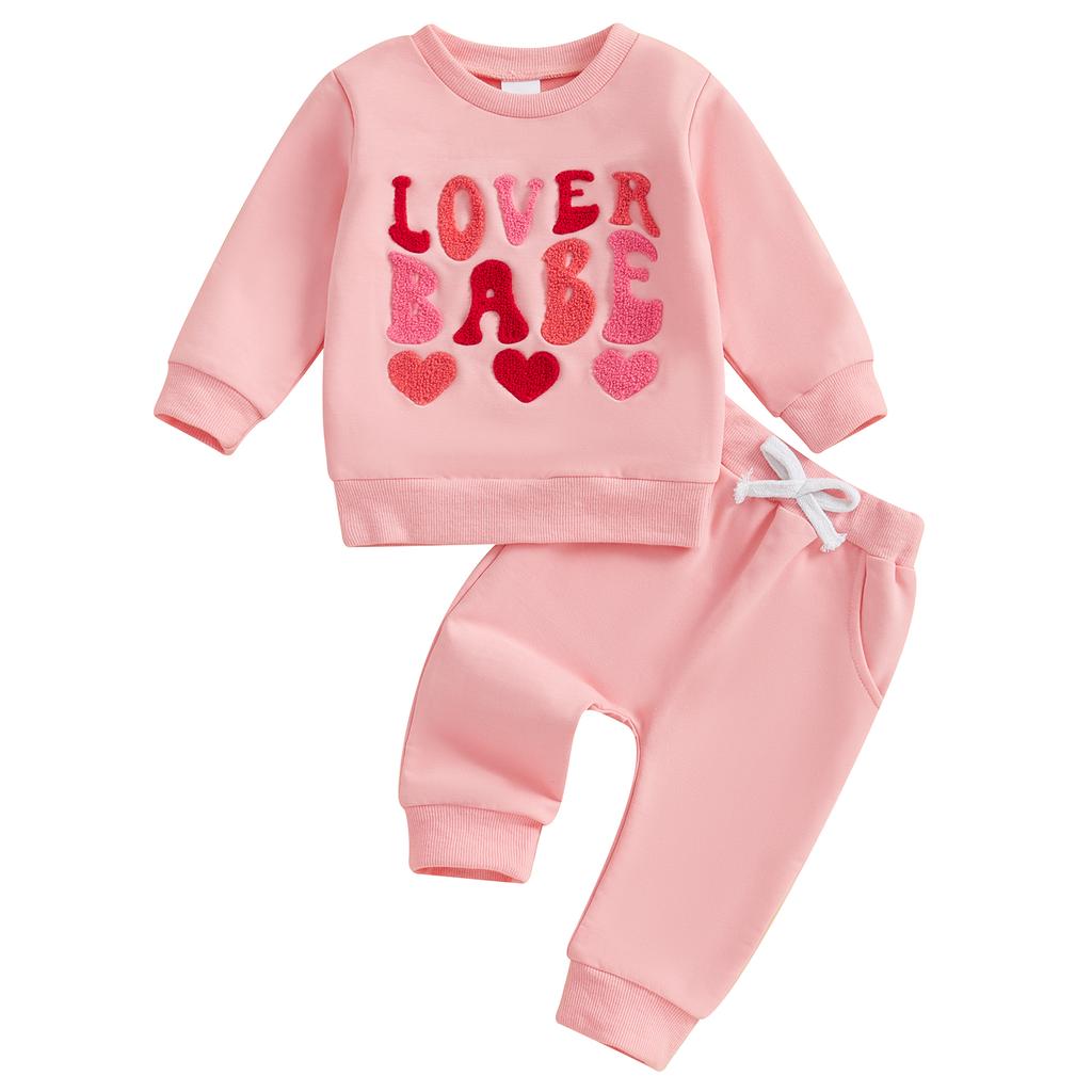 Toddler Girls Valentines Outfits Letter Embroidery Long Sleeve Sweatshirt and Elastic Pants Set Baby Cute Clothes