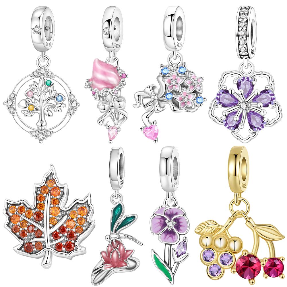 Authentic copper Flower Grape Cherry Fruit Pendant Purple Orchid Flower Bouquet Bead Compatible With Bracelets Women Jewellery Fine Gift Diy