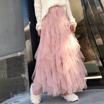 Fashion Tutu Tulle Skirt Women Long Maxi Skirt Spring Summer Korean Black Pink High Waist Pleated Skirt Female
