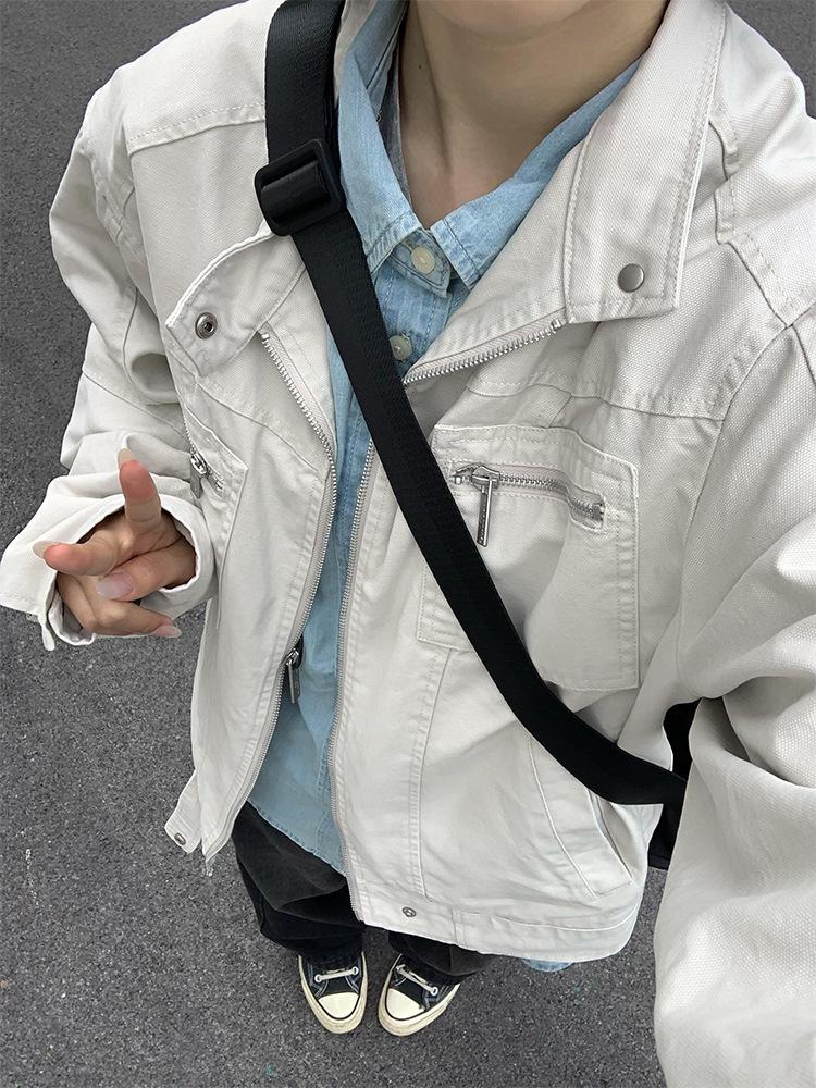 Unisex Washed Canvas Harrington Jacket with Multi-Pocket Stand Collar