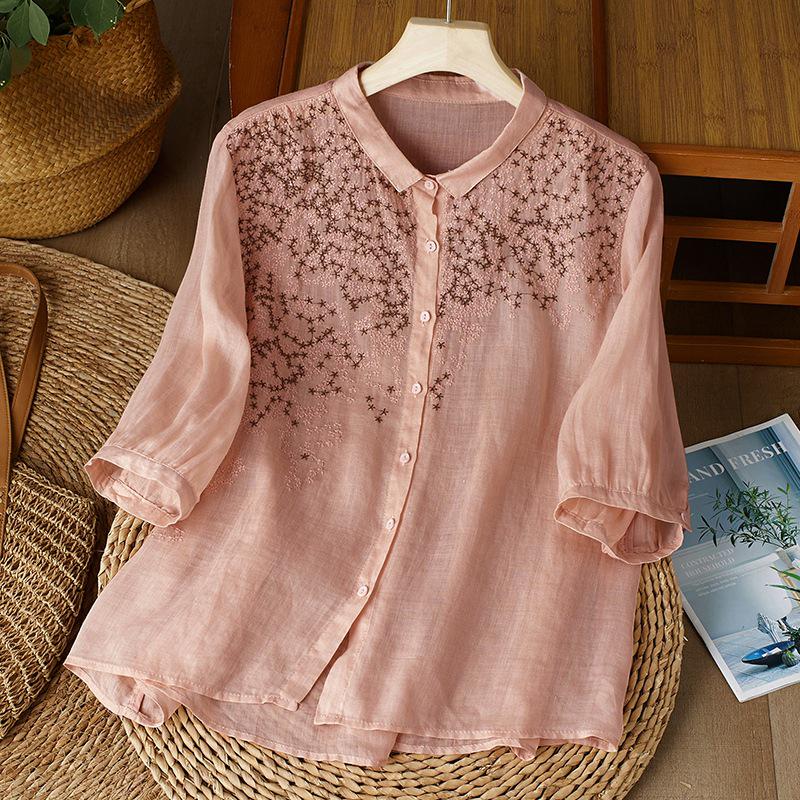 Women s Summer Ramie Star Embroidery Shirt - Lightweight, Cool & Breathable Top XL розовый