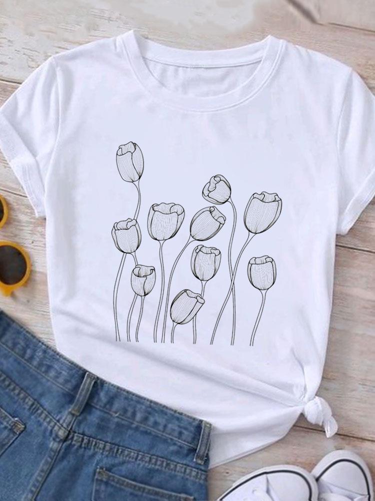 European Size Clothing T Shirt Tee Top Watercolor Trend 90s Flower Women Woman Print Fashion Female Short Sleeve Graphic T-shirts