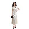 [Spot] French design off-the-shoulder free shawl satin dress summer waist high-end dress fishtail dress