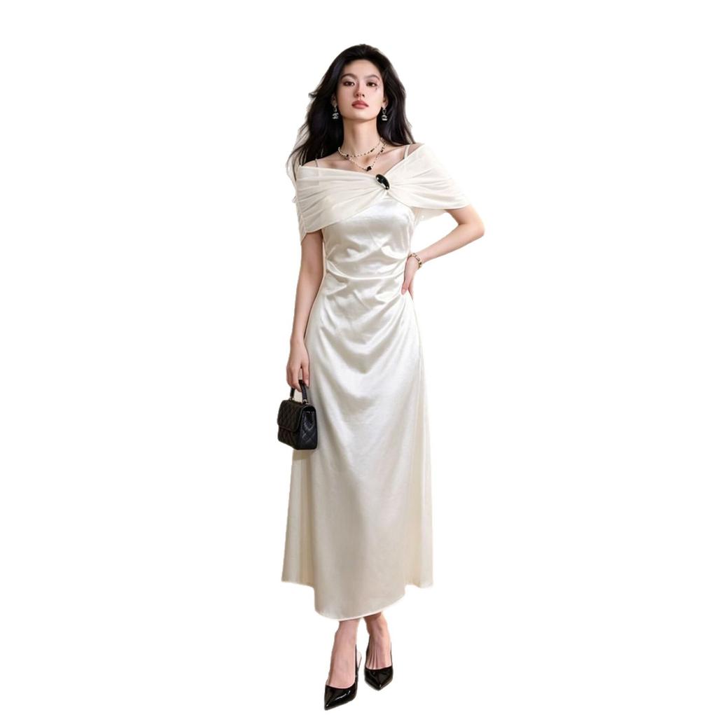 [Spot] French design off-the-shoulder free shawl satin dress summer waist high-end dress fishtail dress